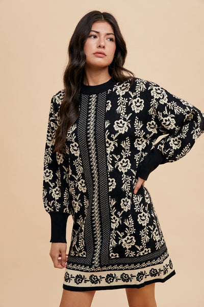 Warehouse Floral Jacquard Round Neck Sweater Dress