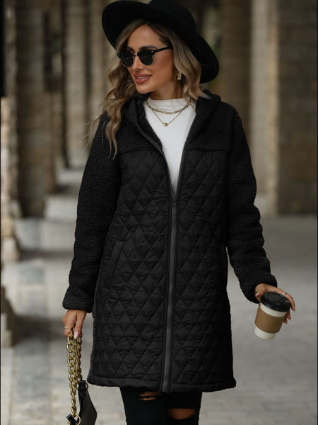 Texture Zip Up Long Sleeve Hooded Coat  Black S 