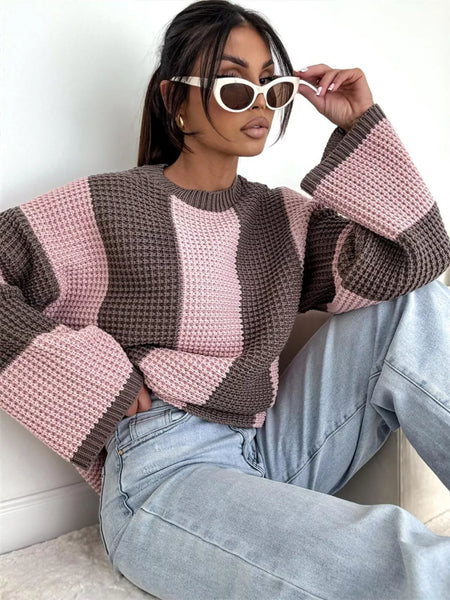 Color Block Long Sleeve Sweater Pink S