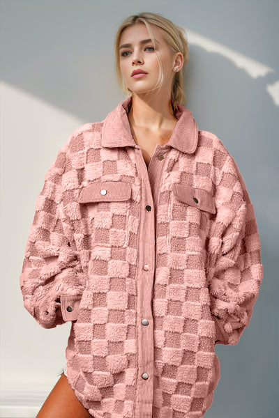 Warehouse Button Up Fuzzy Checkered Shacket Dusty Pink S