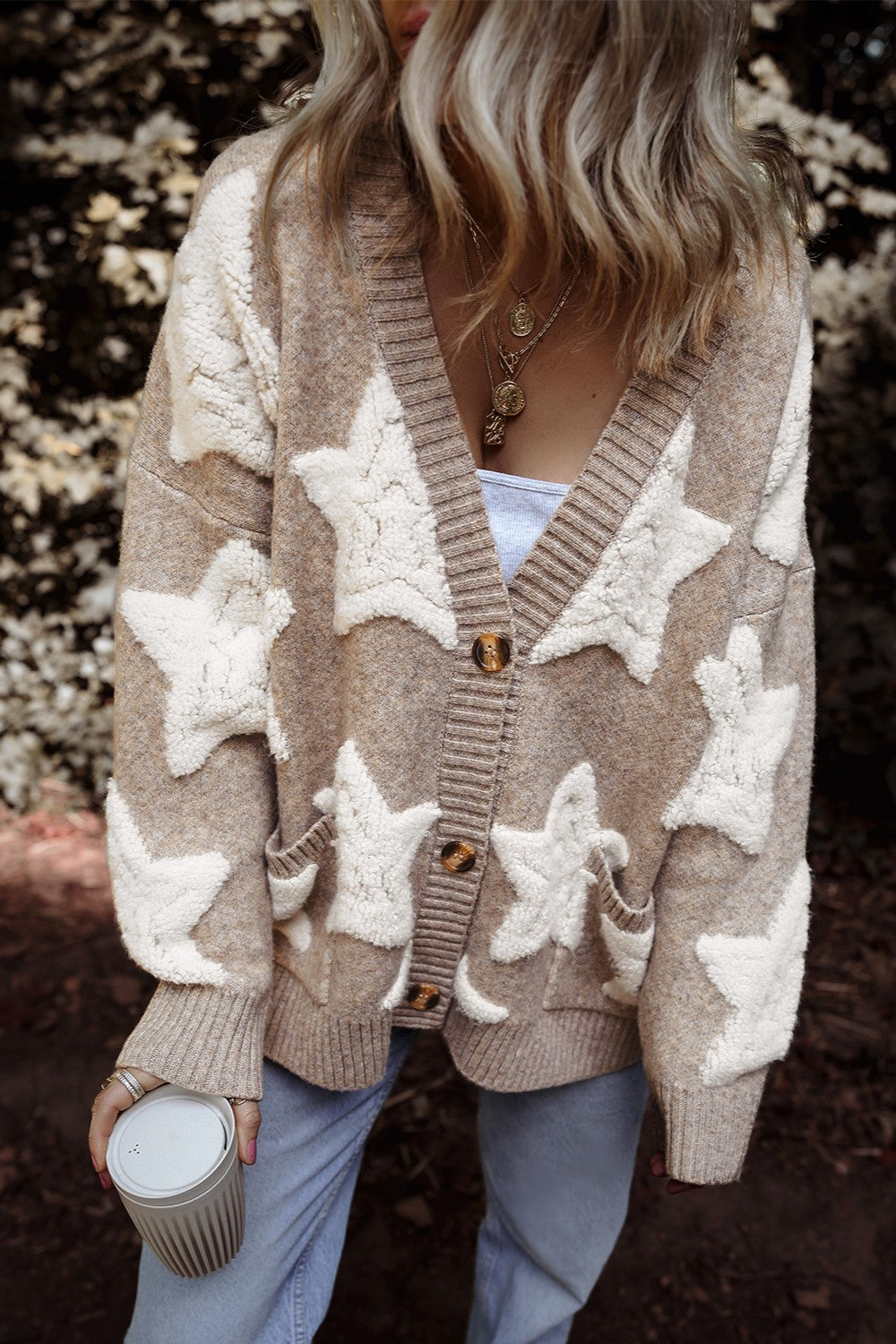 Star Button Up Long Sleeve Cardigan  Mocha S 