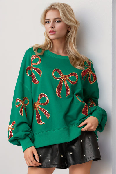 Double Take Christmas Bow Sequin Round Neck Dropped Shoulder Sweatshirt Dark Green S