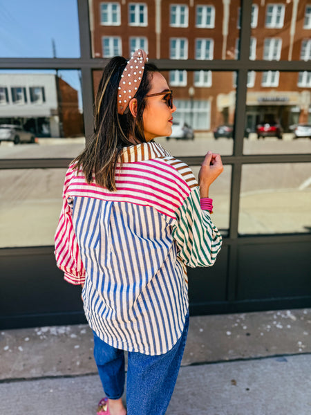 Multi Stripe Button Up Blouse