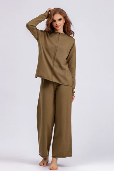 Basic Bae Rolled Round Neck Top and Pants Sweater Set  Taupe One Size 