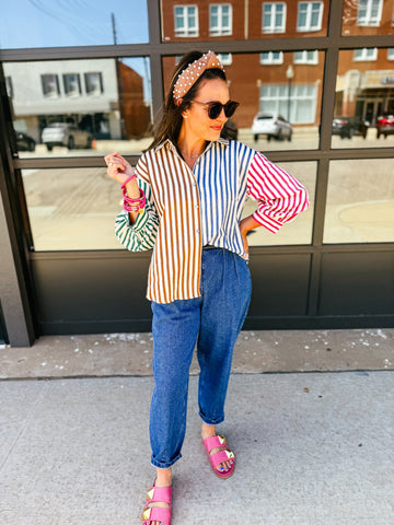 Multi Stripe Button Up Blouse