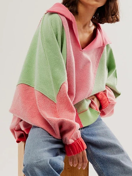 High-Low Exposed Seam Contrast Long Sleeve Sweatshirt Pink/Green S