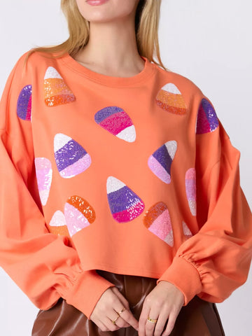Halloween Candy Sequin Long-Sleeve Sweatshirt Orange S
