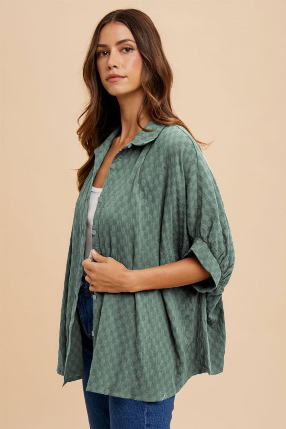 Annie Wear Checkered Button Up Half Sleeve Shirt Dark Sage S