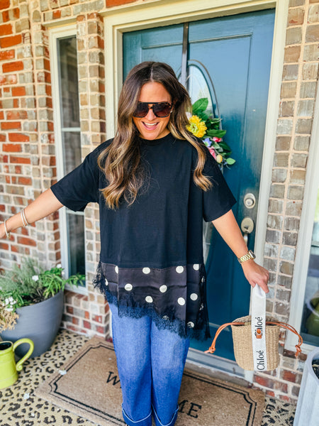 Polka Dot Mixed Media Asymmetrical Lace Top