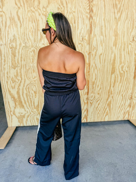 Monaco Strapless Stripe Wide-Leg Jumpsuit — Black & Cream