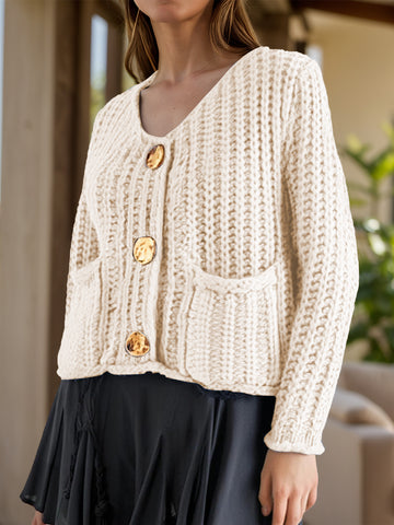 Button Down Long Sleeve Cardigan  Beige S 