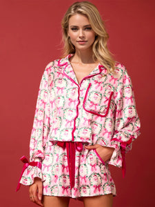 Tied Printed Collared Neck Long Sleeve Top and Shorts Set Pink S