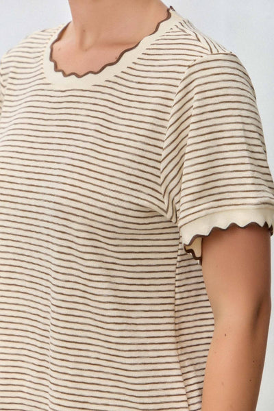 Polagram by Wellmade USA - STRIPED KNIT SCALLOP TRIM TOP