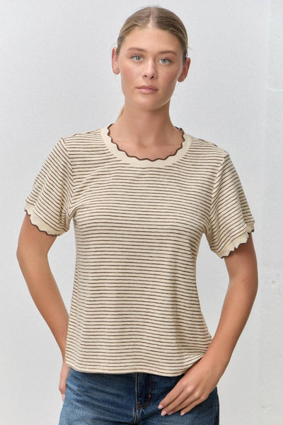Polagram by Wellmade USA - STRIPED KNIT SCALLOP TRIM TOP
