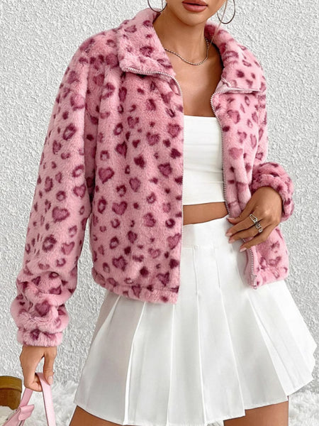 Leopard Zip Up Long Sleeve Furry Jacket Blush Pink S