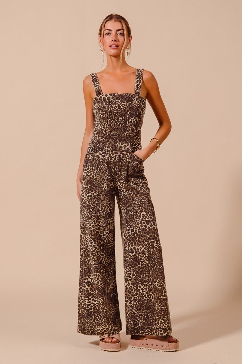 Washed Leopard Wide Leg Jumpsuit Overall