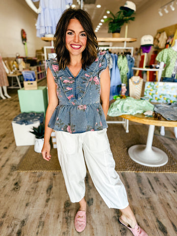 Washed Flower Denim Top