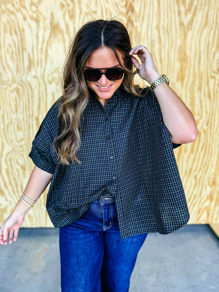 Oversized Plaid Blouse – Relaxed Fit Neutral Button-Down Tunic Small Midnight