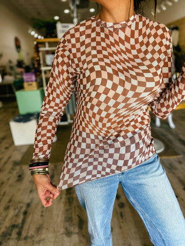 blush checkered sheer top