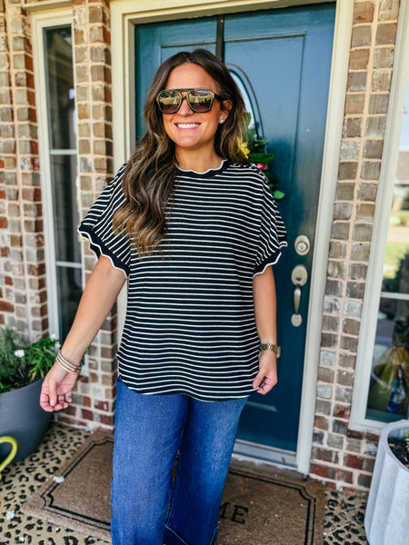 Scallop Trim Stripe Knit Top