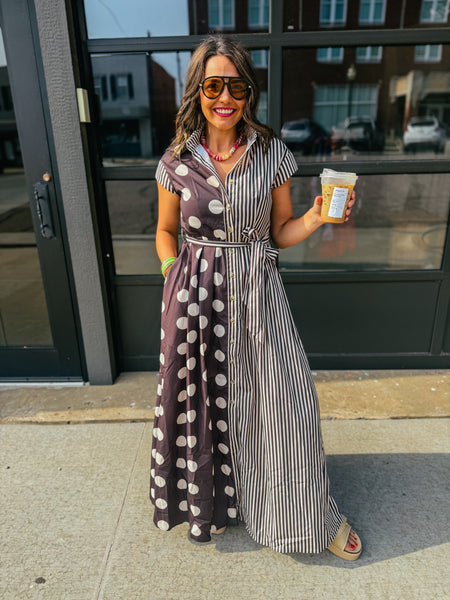 Mikayla Contrast Dot Stripe Shirt Maxi Dress