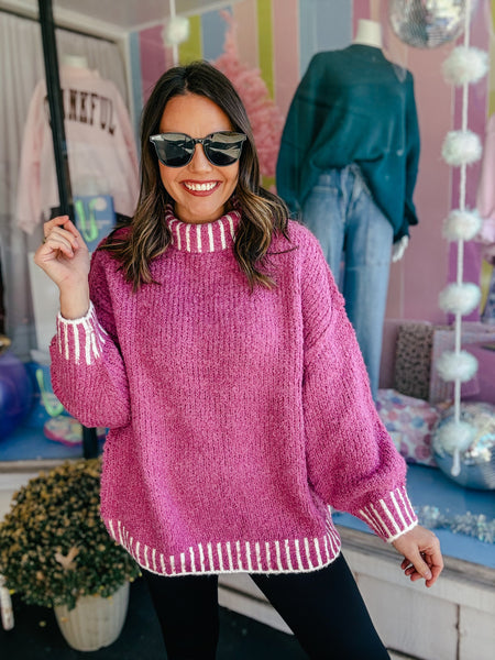 Pink Mock Neck Stitched Sweater