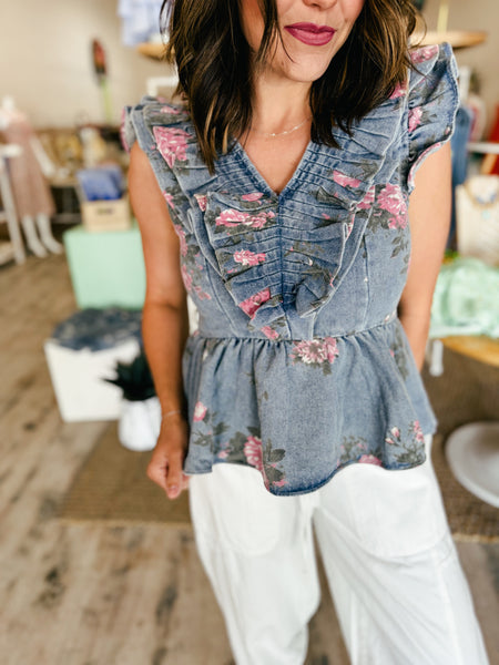 Washed Flower Denim Top