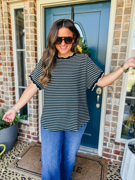 Scallop Trim Stripe Knit Top