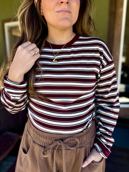 Round Neck Corset Waist Striped Knit Long Sleeve Top