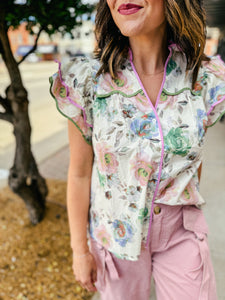 Watercolor Floral Blouse with Piping