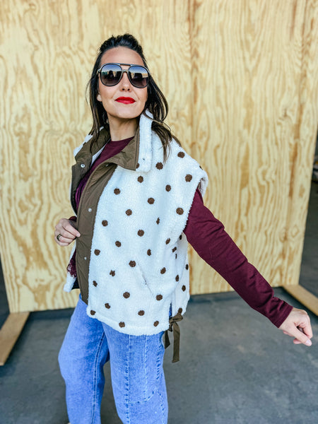 Cream with brown polka dot sherpa vest