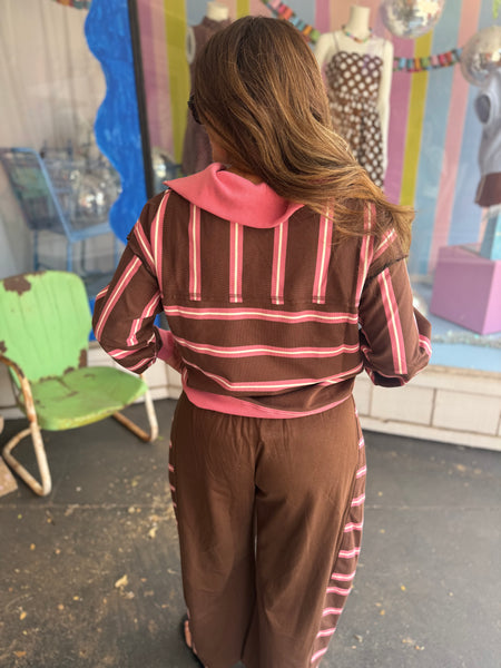 STRIPED CONTRAST SNAP COLLAR LONG SLEEVE PULLOVER