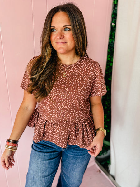 Fawn Print Puff Sleeve Peplum Blouse