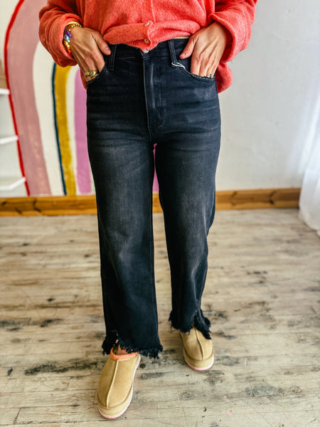 Black Distressed Hem Straight Jeans