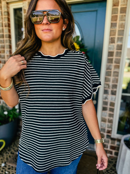 Scallop Trim Stripe Knit Top