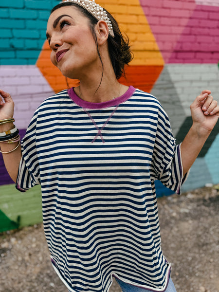 Striped Navy & Magenta Tee