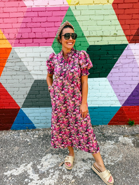 Magenta Magic Garden Floral Puff Sleeve Midi Dress