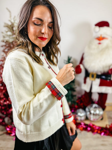 Holiday Cream with plaid Cardigan