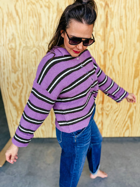 Court Collared Striped Cardigan - Orchid