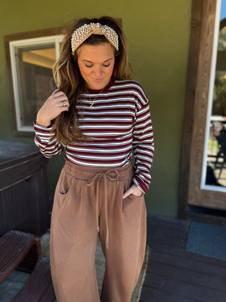 Round Neck Corset Waist Striped Knit Long Sleeve Top