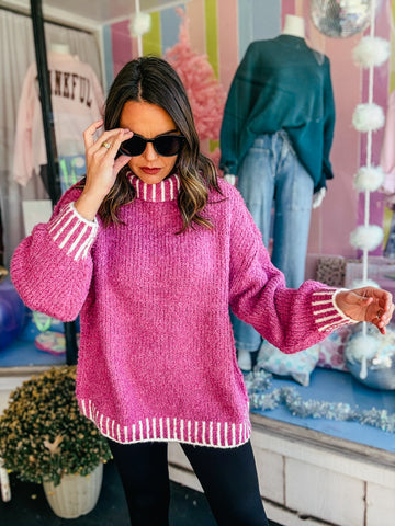 Pink Mock Neck Stitched Sweater