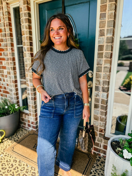 Aubrey Scalloped Striped Knit Tee