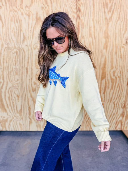 Sunny Lemon Whimsical Fish Knit Sweater – Coastal Graphic Pullover