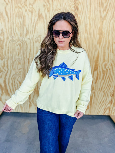 Sunny Lemon Whimsical Fish Knit Sweater – Coastal Graphic Pullover