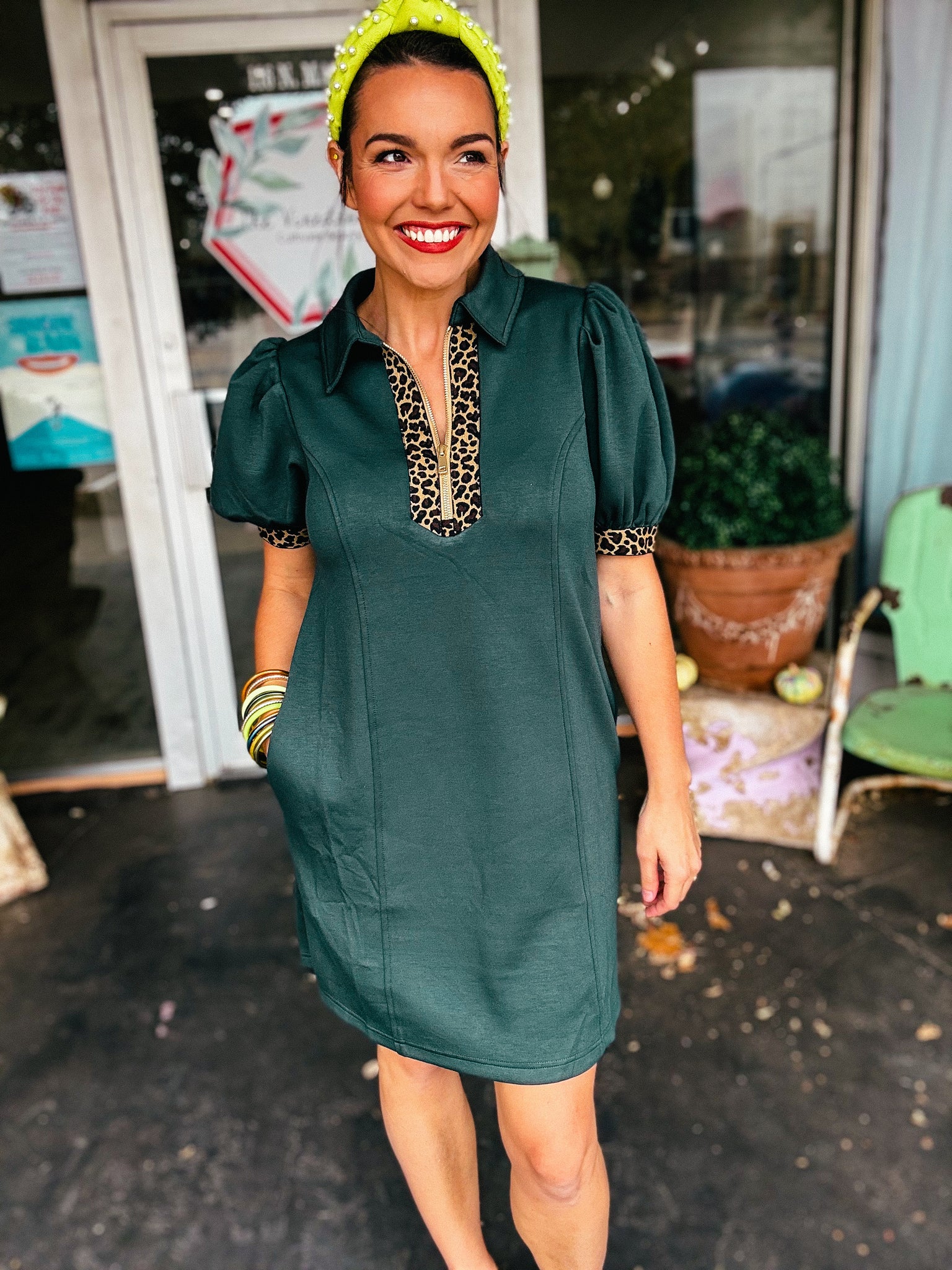 Deep Green Dress with leopard contrast