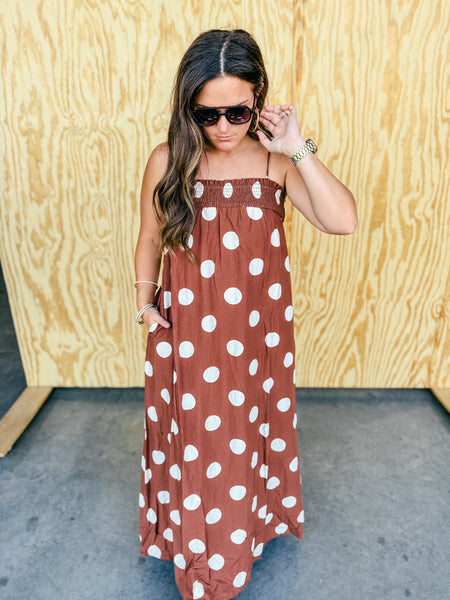 Chocolate with white polka dot maxi dress