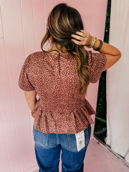 Fawn Print Puff Sleeve Peplum Blouse