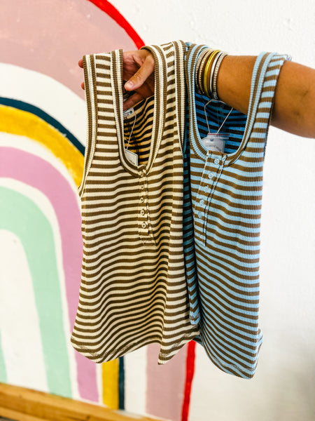 Striped Henley Fitted Knit Tank Top