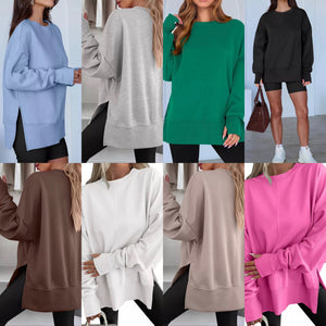 Side Slit Round Neck Long Sleeve Sweatshirt