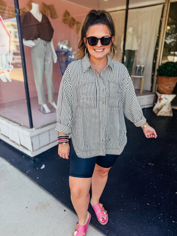 Black and cream stripe button up